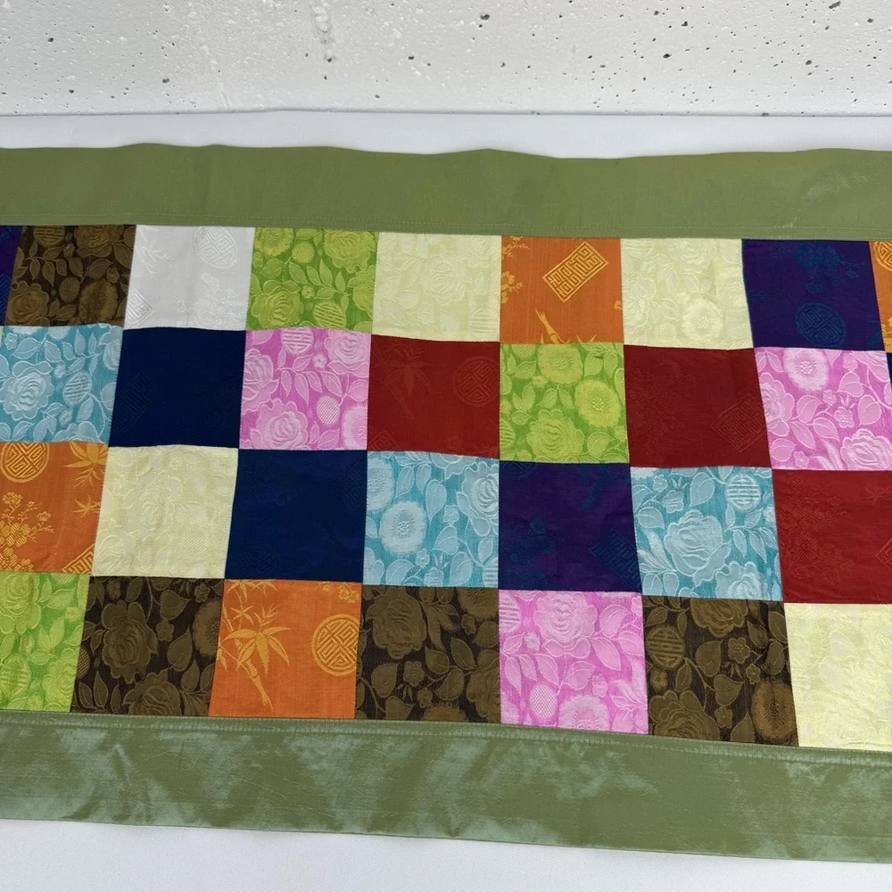 100% Silk Multi Colored Patchwork Chinese Table Cloth 16.7 x 75 Inches